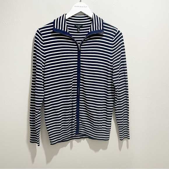 TALBOTS Women’s Petite Blue White Striped Full Zip Cardigan Sweater High Neck MP - Picture 1 of 5